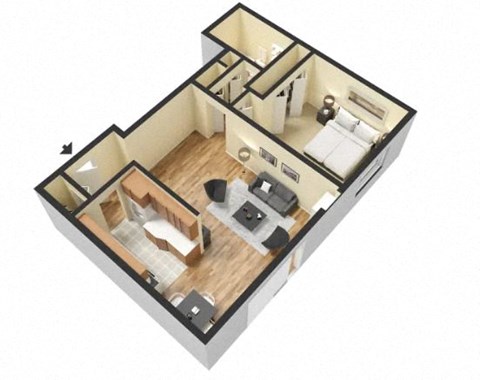 the illustration of the bedroom with a bathroom and a living room